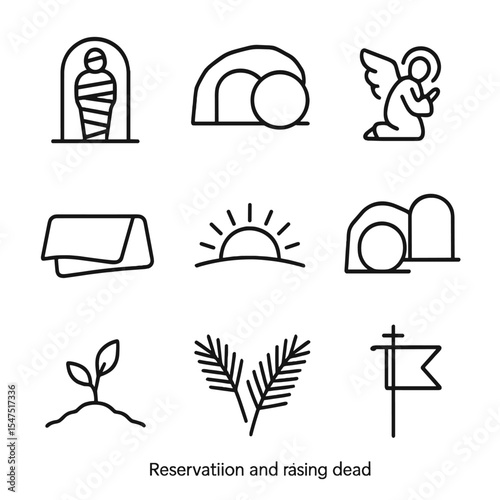 Resurrection Icons Set. Outline icon set of Resurrection and raising the dead: Lazarus tomb, empty tomb, angel at grave, folded