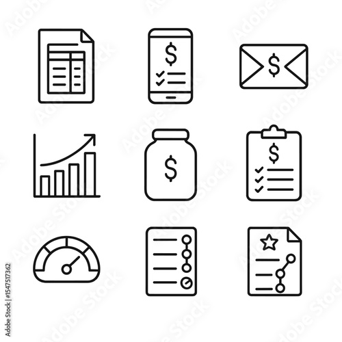 Retirement Budgeting Icons. Outline icon set of retirement budgeting tools: monthly budget sheet, expense tracker app, calculator,