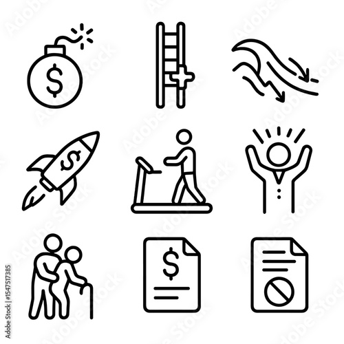 Retirement Icons Set. Outline icon set of retirement savings challenges: unexpected expense bomb, healthcare cost ladder, market