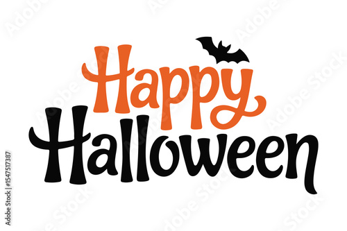 Happy Halloween" Orange and Black Text with Bat Clipart