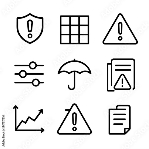 Risk Management Icons. Outline icon set of risk management frameworks: shield with exclamation, risk matrix grid, hazard triangle,