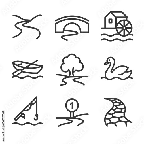 River Valley Icon Set. Outline icon set of river valley bike paths: river bend, arch bridge, watermill, rowboat, riverside tree,
