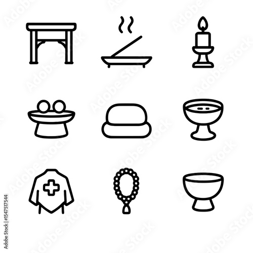 Ritual Components Icons. Outline icon set of ritual space components: altar table, incense holder, candle stand, offering tray,