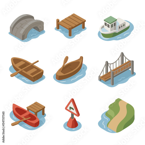 River Transport Icons. Isometric Flat icon set of river transport and bridges: stone footbridge, wooden pier, small ferry, rowboat