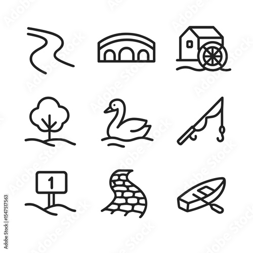 River Valley Icon Set. Outline icon set of river valley bike paths: river bend, arch bridge, watermill, rowboat, riverside tree,