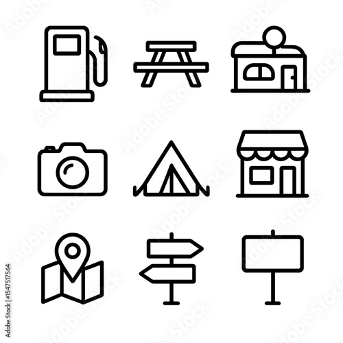 Road Trip Icons. Outline icon set of road trip pit stops: gas pump, rest area picnic table, roadside diner, motel sign, scenic