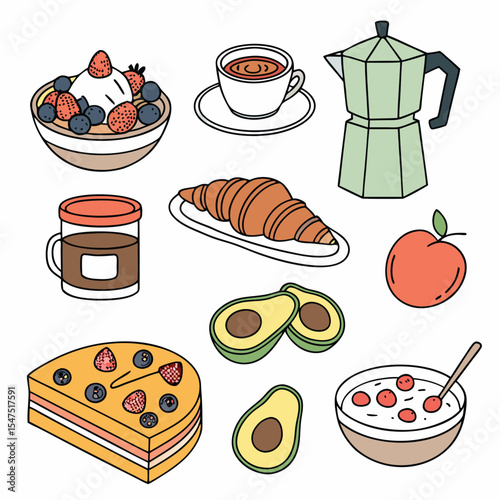 Flatlay Illustration Diverse Breakfast Foods Colorful Croissant Avocado Berries Yogurt Coffee Tea