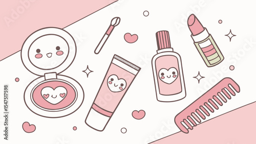 Cute Pink Kawaii Girly Beauty Makeup Cosmetics Skincare Illustration Vector Flat Lay Set