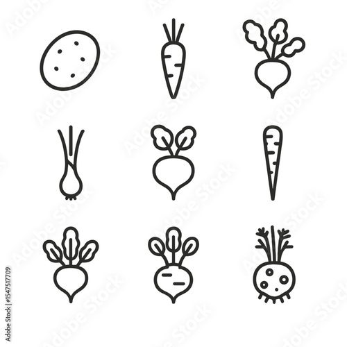 Root Vegetable Icons. Outline icon set of early root vegetables: new potato, baby carrot, radish, spring onion, turnip, parsnip,
