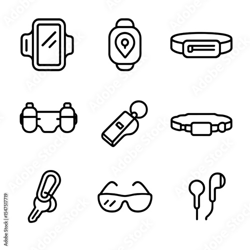 Runner's Gear Icons. Outline icon set of runner’s accessories: armband phone holder, GPS tracker, running belt, hydration belt,