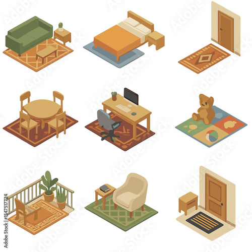 Isometric Rug Icons. Isometric Flat icon set of geometric rug room settings: living room rug, bedroom carpet, hallway runner,