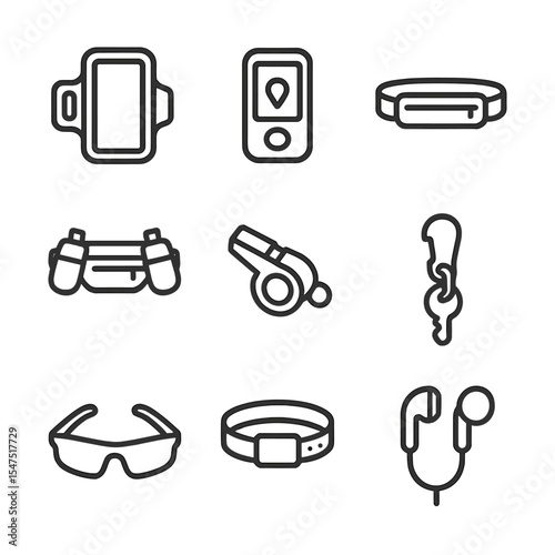 Runner's Gear Icons. Outline icon set of runner’s accessories: armband phone holder, GPS tracker, running belt, hydration belt,