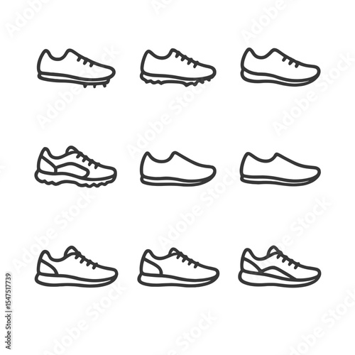 Running Shoe Icons. Outline icon set of running shoe types: sprint spikes, distance spikes, cross country shoe, trail runner,