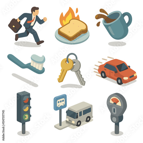 Rushed Routine Icons. Isometric Flat icon set of rushed daily routine: running person with briefcase, breakfast toast burning,