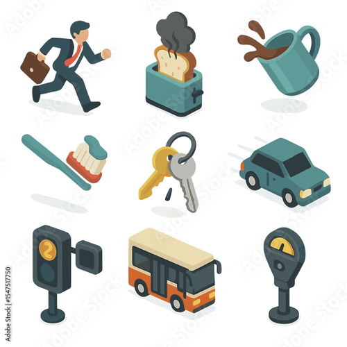 Rushed Routine Icons. Isometric Flat icon set of rushed daily routine: running person with briefcase, breakfast toast burning,