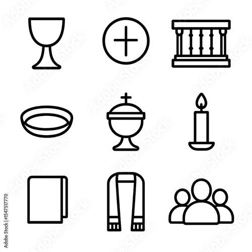Sacrament Symbols Icons. Outline icon set of shared sacrament celebration: chalice, paten, wafer, communion rail, ciborium,