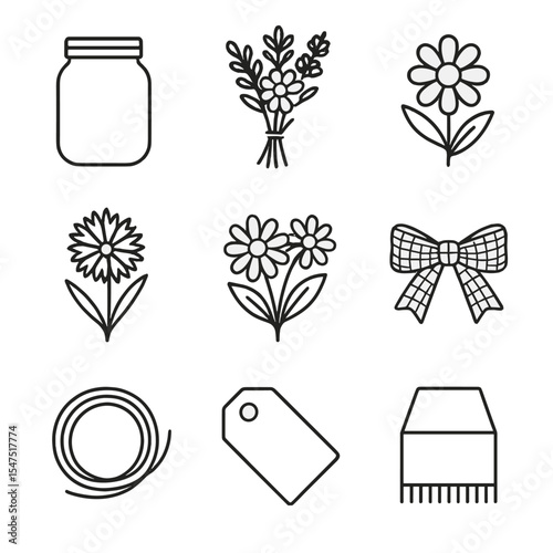 Rustic Mason Jar Icons. Outline icon set of rustic mason jar vase: mason jar, wildflower bunch, chamomile, cornflower, daisies,