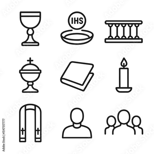 Sacrament Symbols Icons. Outline icon set of shared sacrament celebration: chalice, paten, wafer, communion rail, ciborium,