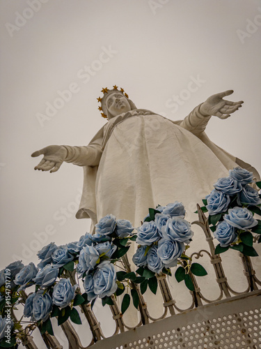 Our Lady of Harissa Statue with Blue Roses, Jounieh Lebanon During Month of Mary