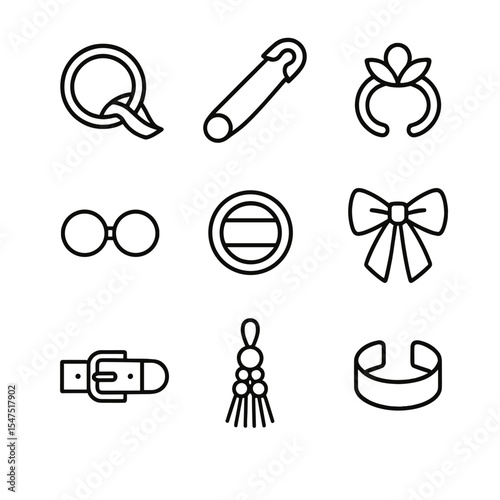 Scarf Accessory Icons. Outline icon set of scarf accessories: scarf ring, brooch pin, shawl clip, magnetic clasp, decorative