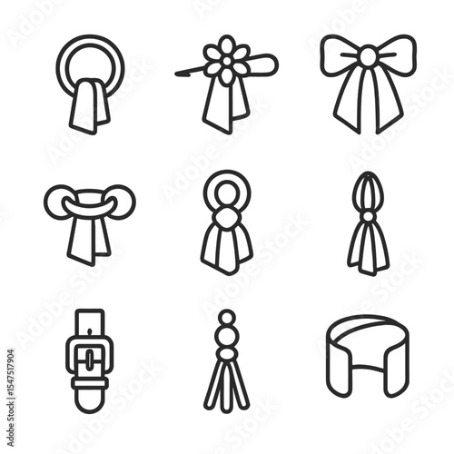 Scarf Accessory Icons. Outline icon set of scarf accessories: scarf ring, brooch pin, shawl clip, magnetic clasp, decorative