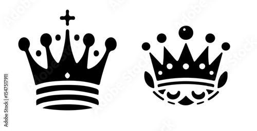 Two crowns depicted in black and white showing royal symbols and ornate designs on a plain background image