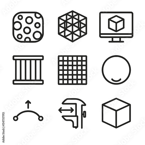 Scaffold Design Icons. Outline icon set of scaffold design: porous scaffold, lattice structure, CAD model, support pillars, mesh