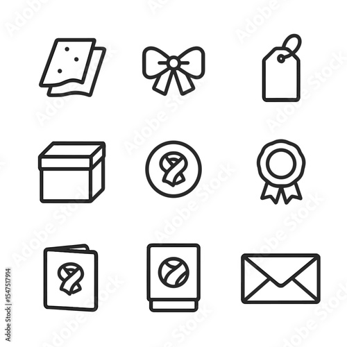 Scarf Packaging Icons. Outline icon set of scarf packaging and gifting: tissue paper, ribbon bow, gift tag, kraft box, logo