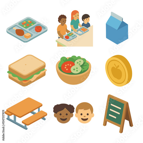 School Feeding Icons. Isometric Flat icon set of school feeding programs: lunch tray, cafeteria line, milk carton, sandwich, salad