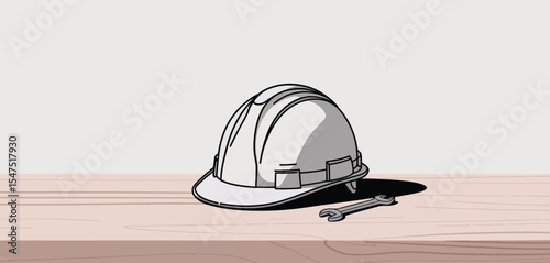 Hard Hat and Wrench on Wooden Surface Construction Safety