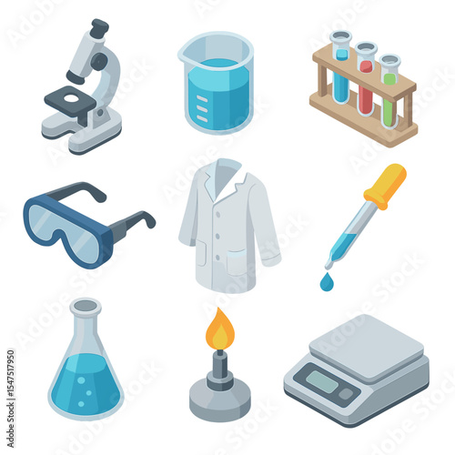 Science Lab Equipment Icons. Isometric Flat icon set of science lab equipment: microscope, beaker, test tube rack, Bunsen burner,