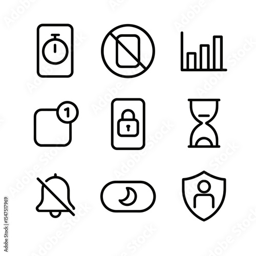Screen Time Icons. Outline icon set of screen time management: timer app, no-screen sign, usage graph, parental control shield,