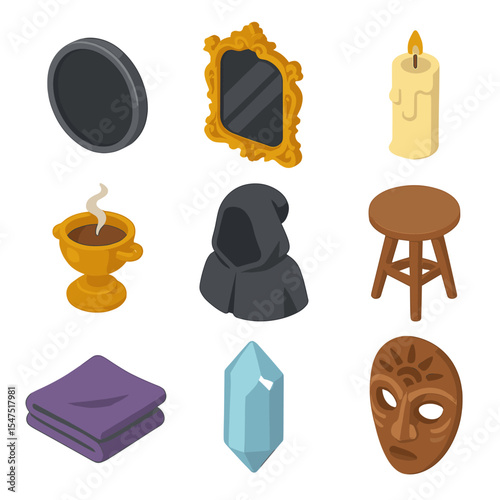 Scrying Mirror Essentials Icons. Isometric Flat icon set of scrying mirror essentials: black mirror, ornate frame, candle, incense