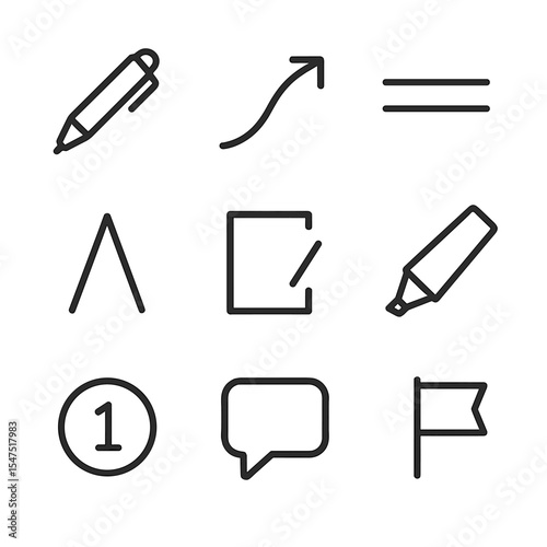 Script Editing Icons. Outline icon set of script editing marks: red pen, correction arrow, strikethrough, insert caret, margin
