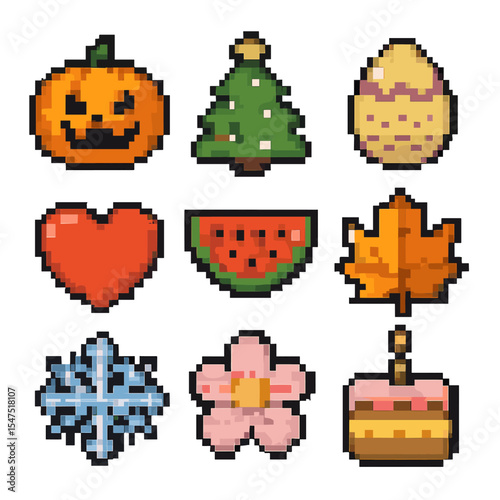 Seasonal Pixel Icons. Pixel art icon set of seasonal themes: Halloween pumpkin, Christmas tree, Easter egg, Valentine heart,