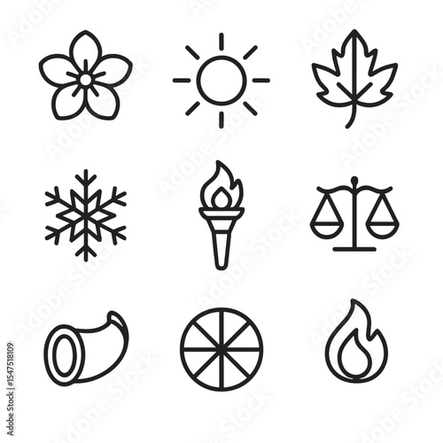 Seasonal Icon Set. Outline icon set of seasonal sabbat circle: spring blossom, summer sun, autumn leaf, winter snowflake, harvest