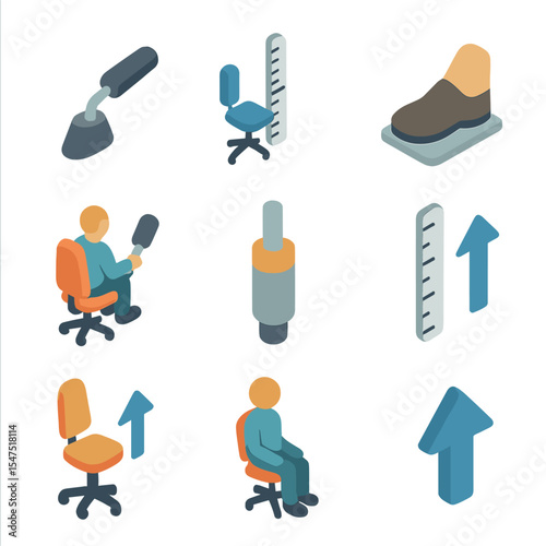 Seat Adjustment Icons. Isometric Flat icon set of seat height adjustments: pneumatic lever, seat height scale, feet flat on floor