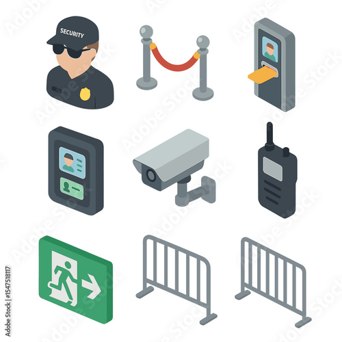 Security Icon Set. Isometric Flat icon set of security and crowd management: security guard, velvet rope, stanchion post, ticket