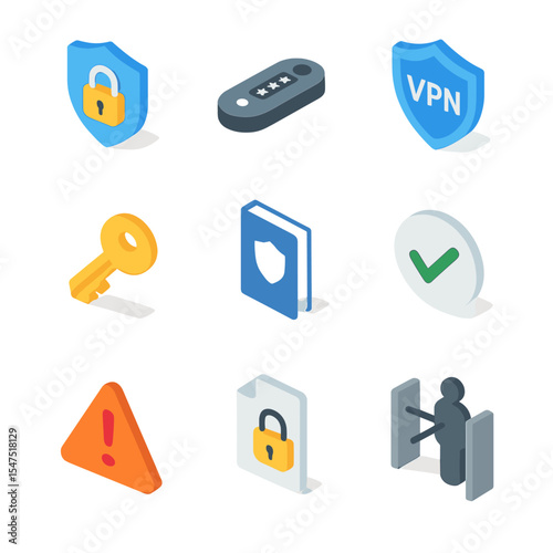 Security and Loyalty Icons. Isometric Flat icon set of security and compliance tools: shield padlock, 2FA token key, VPN shield,