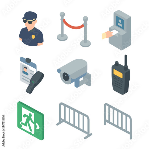 Security Icon Set. Isometric Flat icon set of security and crowd management: security guard, velvet rope, stanchion post, ticket