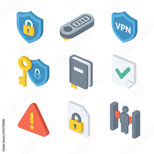Security and Loyalty Icons. Isometric Flat icon set of security and compliance tools: shield padlock, 2FA token key, VPN shield,