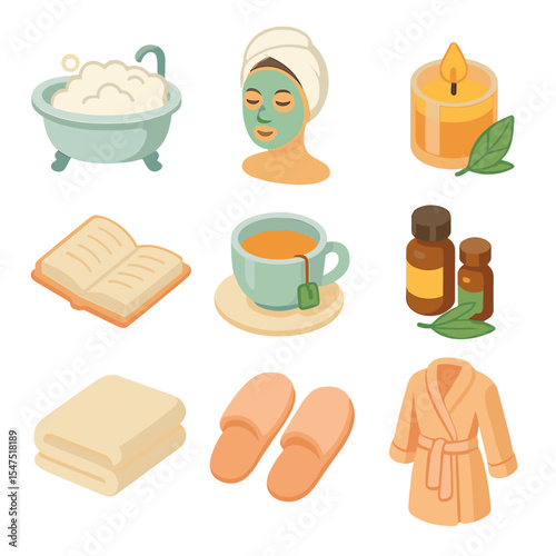 Self-Care Icon Set. Isometric Flat icon set of self-care routines: bubble bath, face mask, scented candle, book, herbal tea,