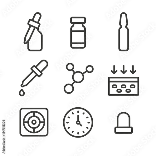 Serum Icon Set. Outline icon set of serum application: dropper bottle, hyaluronic acid vial, vitamin C ampoule, pipette, nutrient