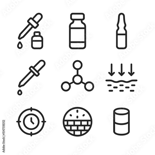 Serum Icon Set. Outline icon set of serum application: dropper bottle, hyaluronic acid vial, vitamin C ampoule, pipette, nutrient