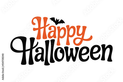 Happy Halloween" Orange and Black Text with Bat Clipart