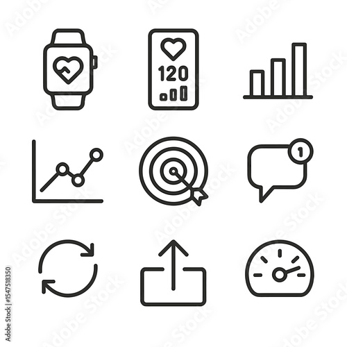 Icon Sets of Fitness. Outline icon set of fitness tracking analytics: smartwatch, mobile app screen, bar graph, line chart, goal
