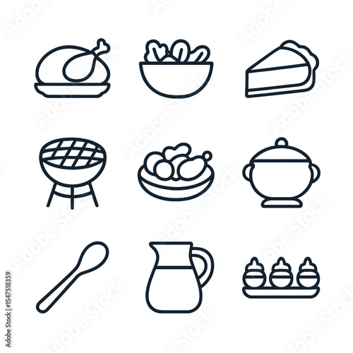 Shared Meal Icons. Outline icon set of shared meals and dishes: roast turkey, salad bowl, pie slice, BBQ grill, family-style