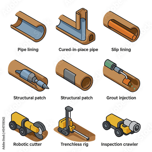 Sewer Rehabilitation Icons. Isometric Flat icon set of sewer rehabilitation techniques: pipe lining, cured-in-place pipe, slip