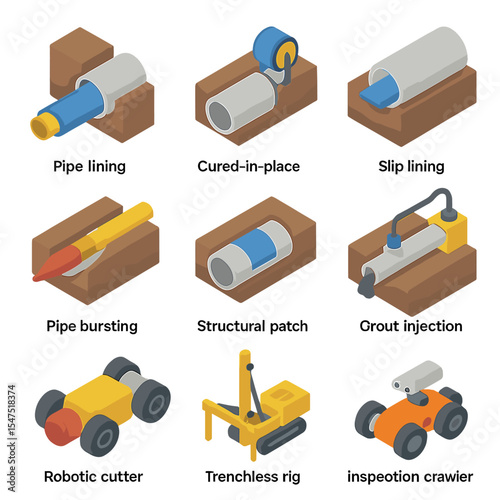 Sewer Rehabilitation Icons. Isometric Flat icon set of sewer rehabilitation techniques: pipe lining, cured-in-place pipe, slip