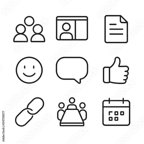 Shared Reality Icons. Outline icon set of shared reality experiences: group avatar, video call screen, shared document, reaction